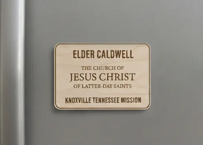 Laser-engraved maple wood LDS missionary name tag fridge magnet with custom mission name.